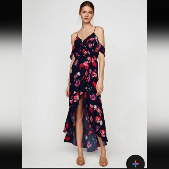 Express Dresses & Skirts - Express Floral Maxi Dress Small Blue Pink Ruffle High Low Wrap Faux Summer Boho